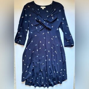 Anthropologie 11-1-TYLHO Navy Blue Floral Print Acadie Tie-Neck
Dress Medium